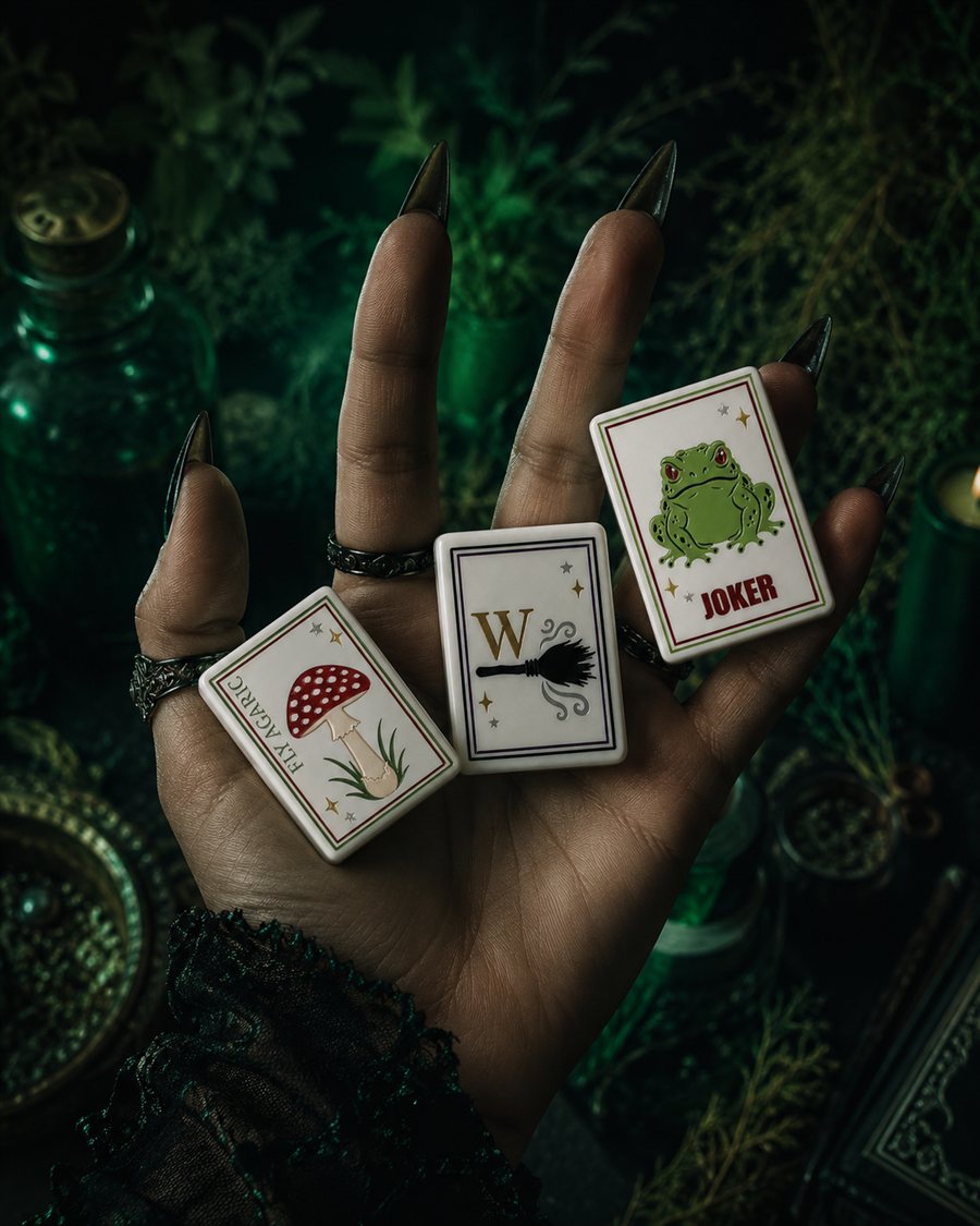 A hand holding three Halloween Mahjong tiles: Fly Agaric, the Broom, and the Joker